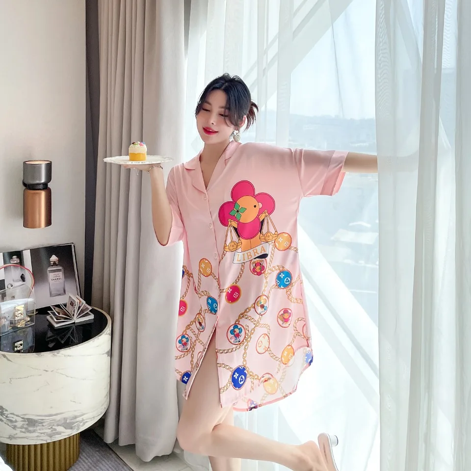 [Women's pajamas] [high-quality]New Short Sleeve Long Pants Ice Silk Set Korean Version Sweet Sunflower Large Homewear Pajamas