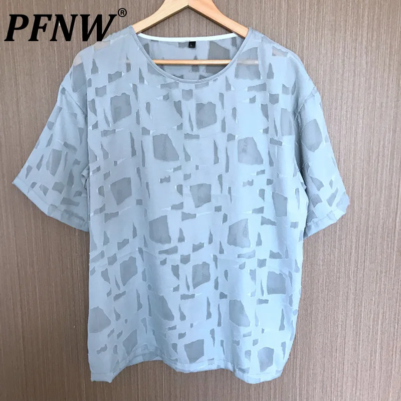

PFNW Spring Summer New Men's Fashion Perspective Tops Jacquard Casual Short Sleeve T-shirt Breathable Sports Chic Tees 12Z1284