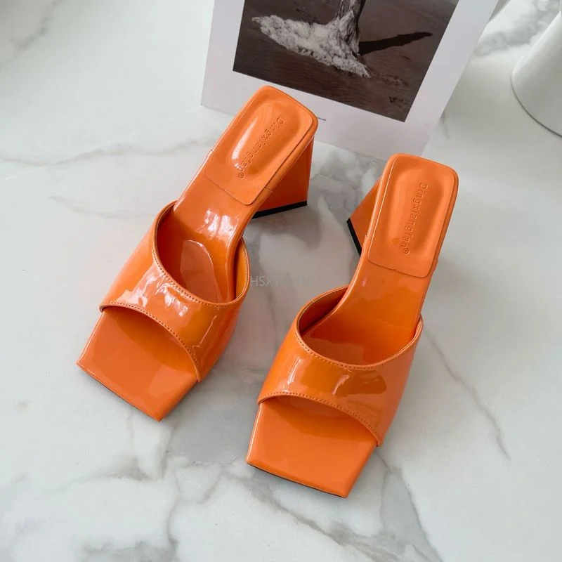 2022 Fashion Elegant Women Slides 8.5cm High Heels Green Orange Block Heels Mules Slippers Lady Square Toe Sandals Pumps Shoes