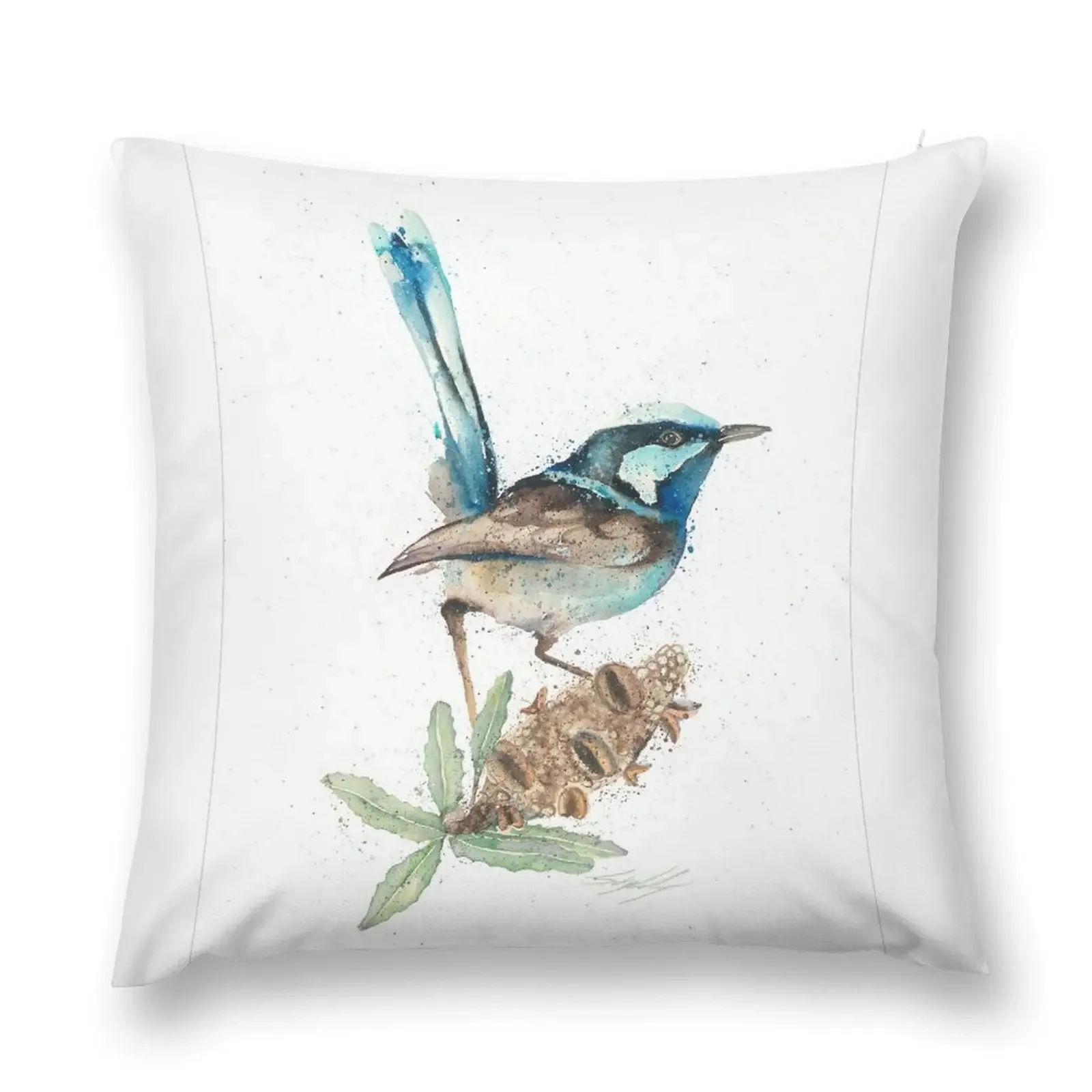Blue Wren - австралийская акварельная птица художественная подушка наволочка