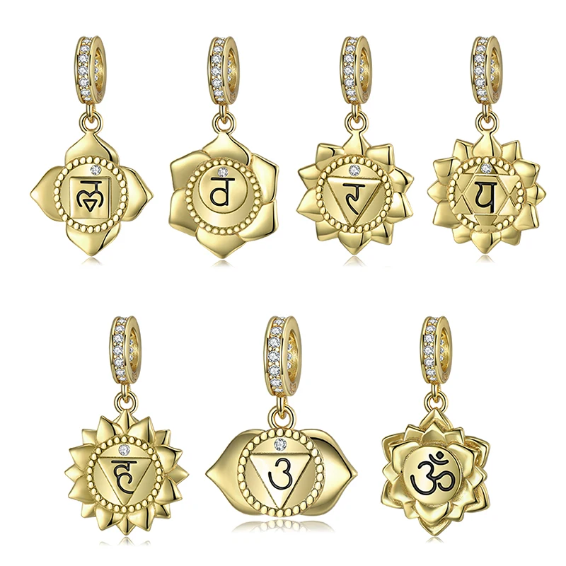 

2022 New 925 Sterling Silver Pendant Charms Gold Plated Seven Chakras Symbol Fit Original JIUHAO Charm Bracelet Jewelry Making