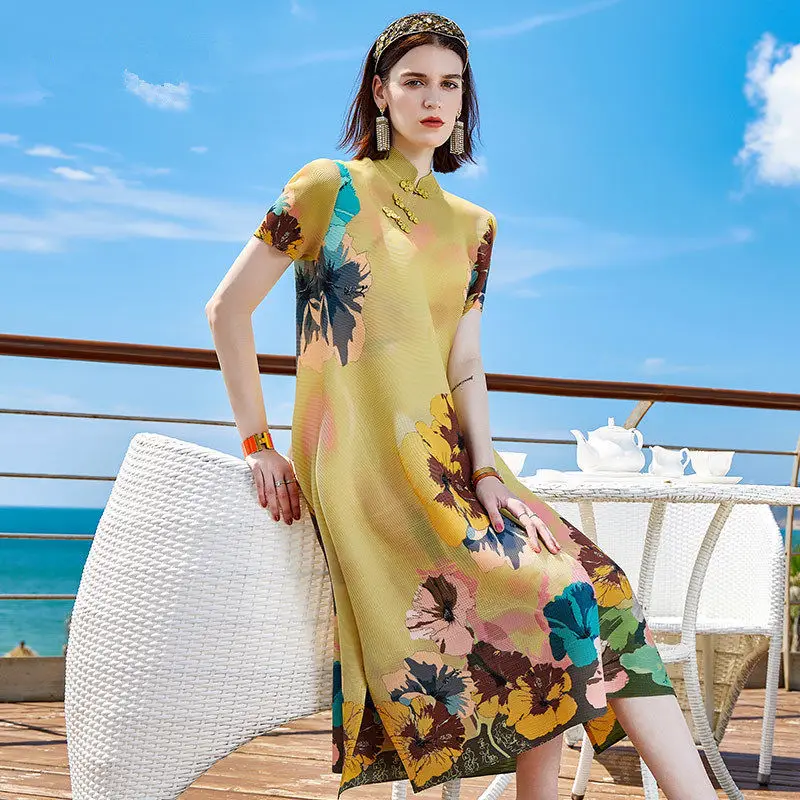 

Folding print dress female 2022 new summer fashion foreign style loose short sleeve retro split casual mid -length skirt female