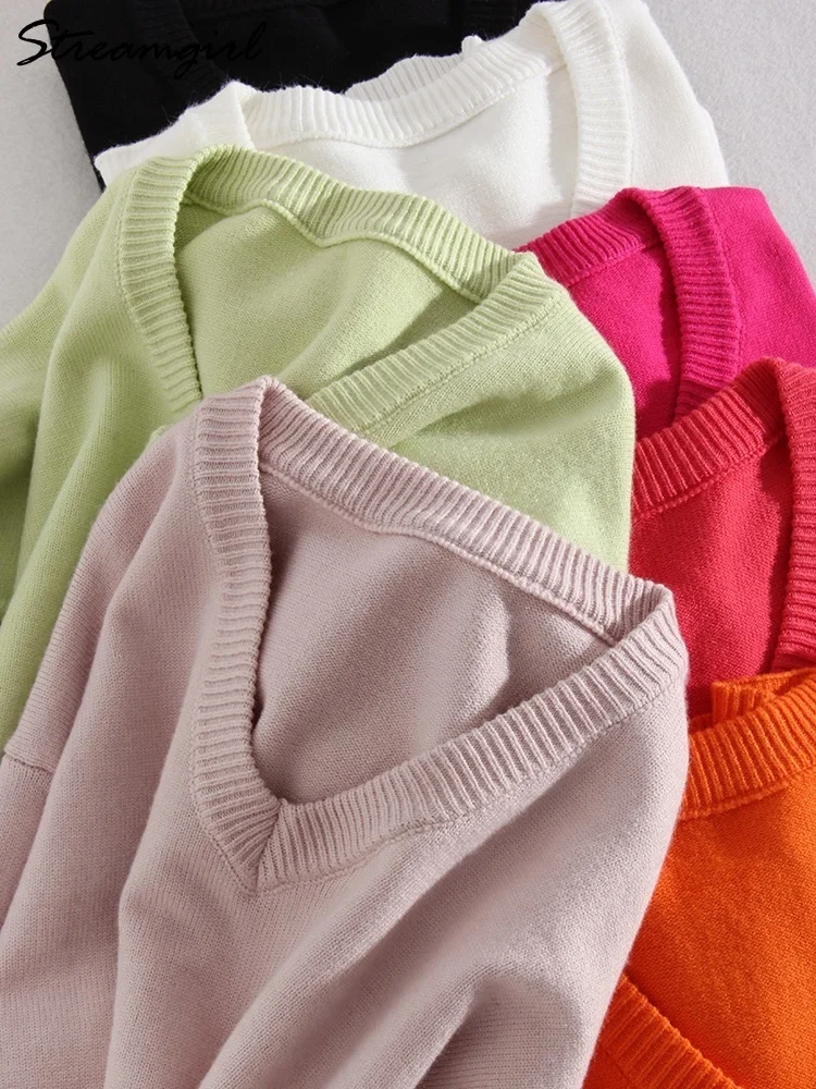 

Streamgirl Women Knitted Sweater Pullovers Loose Casual Tops Winter Clothes Women Knitwear V Neck Oversize Sweater Woman Winter