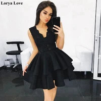 black cocktail dresses 2022 formal party women short prom dress sleeveless graduation appliques ruffles satin homecoming gowns