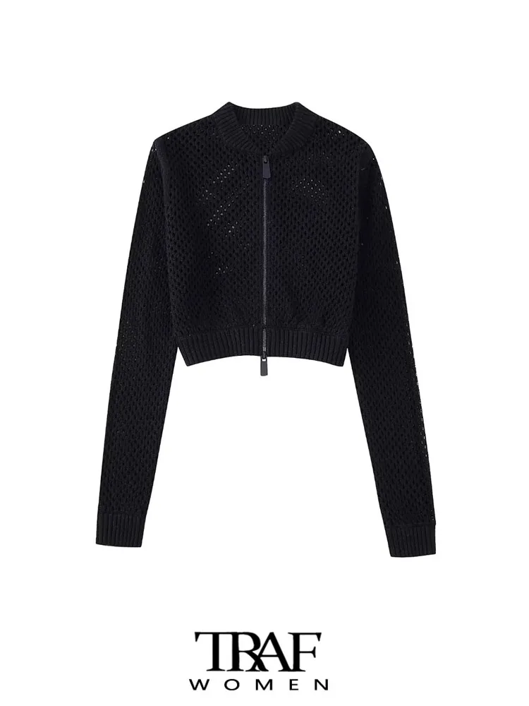 

TRAF Women Fashion Cropped Knit Cutwork Bomber Jacket Coat Vintage Long Sleeve Front Zipper Female Outerwear Chic Tops