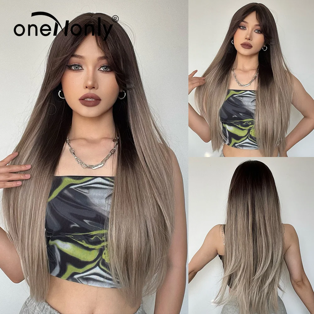 

oneNonly Dark Brown Ombre Blonde Wig Long Straight Wigs for Women Party Cosplay Natural Human Hair Heat Resistant