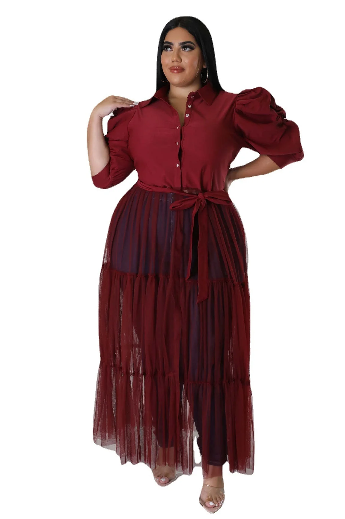 Plus Size Hot Sale Mesh Women Casual Dress Pleats Half Sleeves Patchwork Belt Sexy Party Club Shirt Dresses 3xl 4xl 5xl 6xl