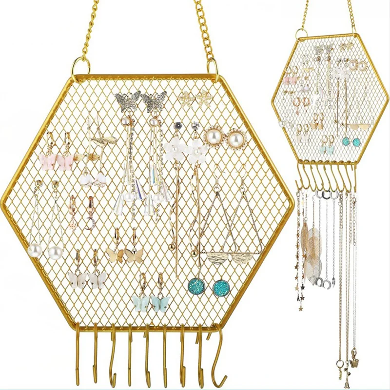 Hanging Earring Holder Wall Mounted, 2 Packs Earring Organizer Decorative Hexagon Hanging Jewelry Organizer Grid Shape