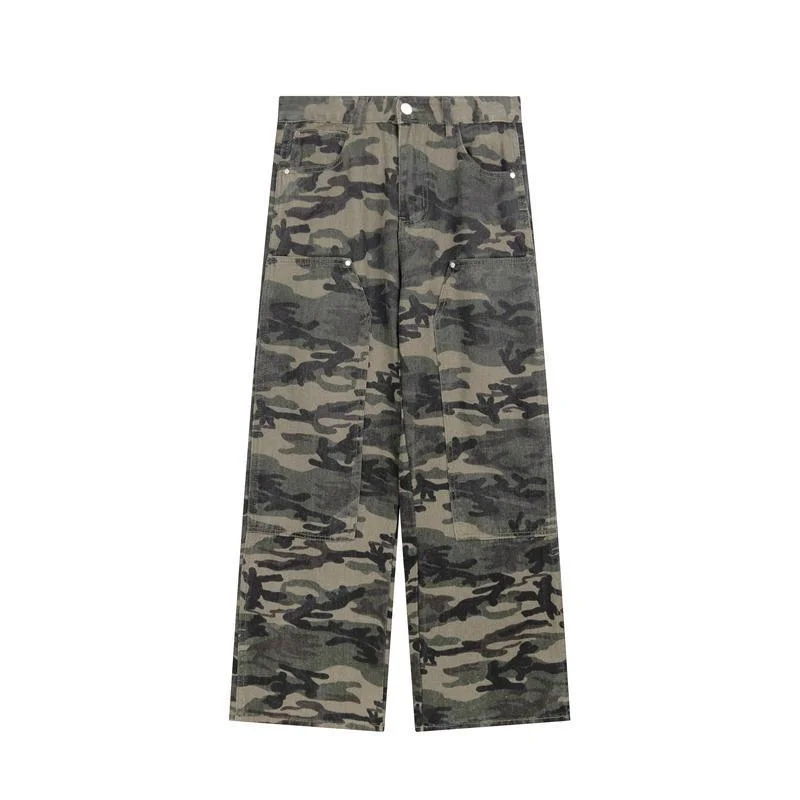 DEEPTOWN Camouflage Cargo Jeans Men's Military Pants Streetwear Straight Denim Trousers Male Retro Loose Casual Fashion Spring