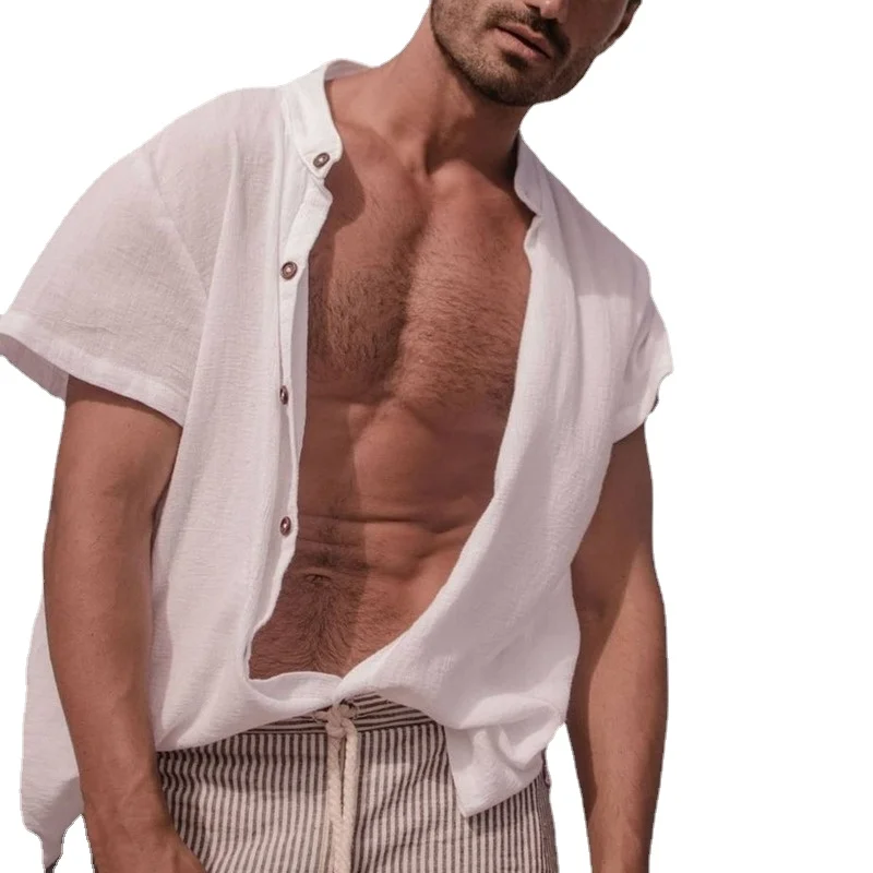 Men Shirt Summer Loose Cardigan Single-Breasted Shirt Top Men Short Sleeve Solid Color Stand Collar Shirt Cotton Linen Shirt