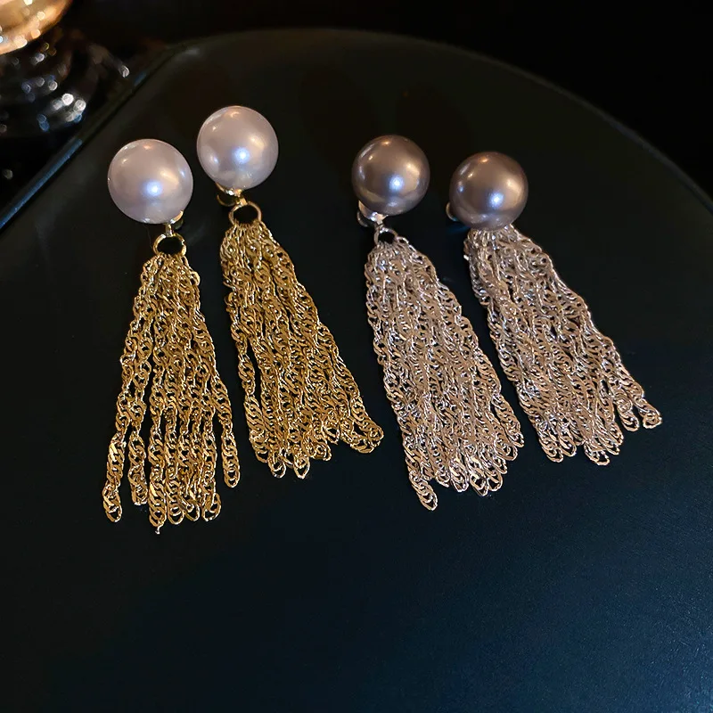 

Korean Simulated Pearl Chain Tassel Earrings For Women Fashion Jewelry