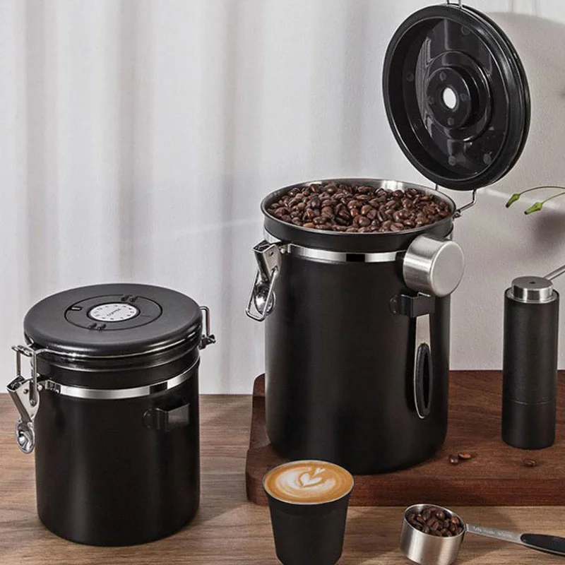 1800ML Large Capacity Coffee Storage Container Black Stainless Steel Coffee Bean Can Sealing Filling Food Storage Container