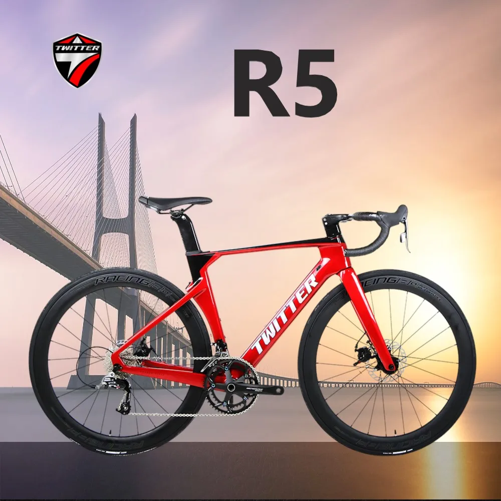 

TWITTER R5 RS-24S Full Hidden Inner Routing Oil Disc Brake T800 Carbon Fiber Breaking Wind Racing Road Bike with Carbon Wheels