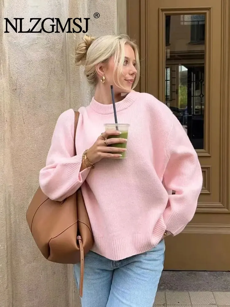 

Женский трикотажный свитер Nlzgmsj TRAF 2023 с длинным рукавом, винтажный элегантный пуловер с круглым вырезом на осень и зиму, Свободные Теплые Топы