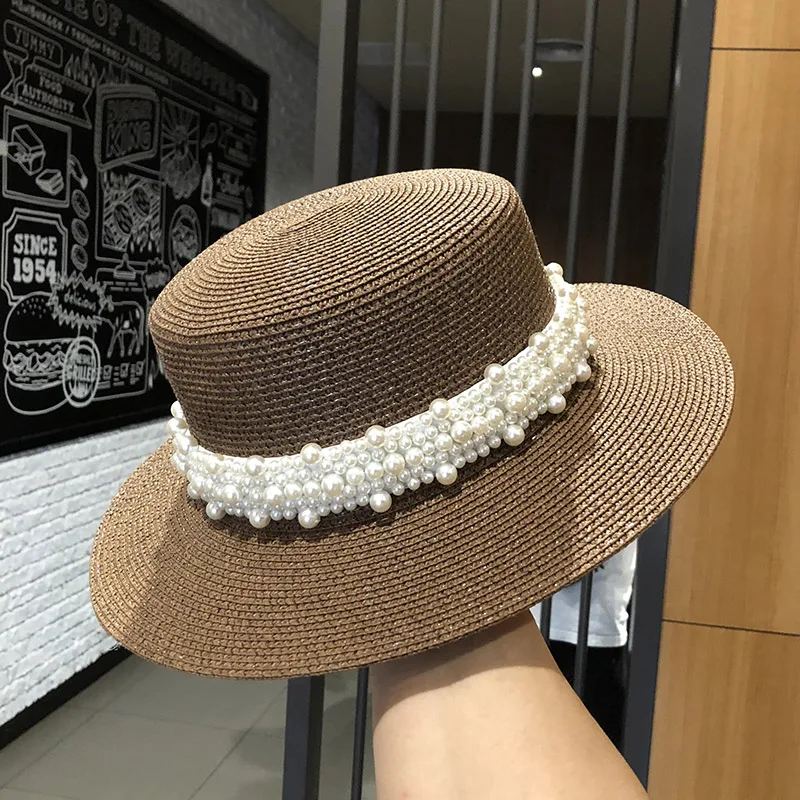 

Women Hat French Vintage Hepburn Style Flat-topped Hat Spring and Summer Outing Straw Hat Pearl Wide Brim Sun Visor Hat Female