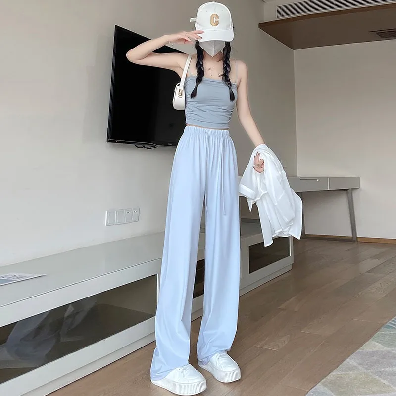 

High Waist Casual Suit Pants for Women Loose Floor-Length Wide Leg Trousers Summer Thin Y2K Korean Straight Blue White Pant