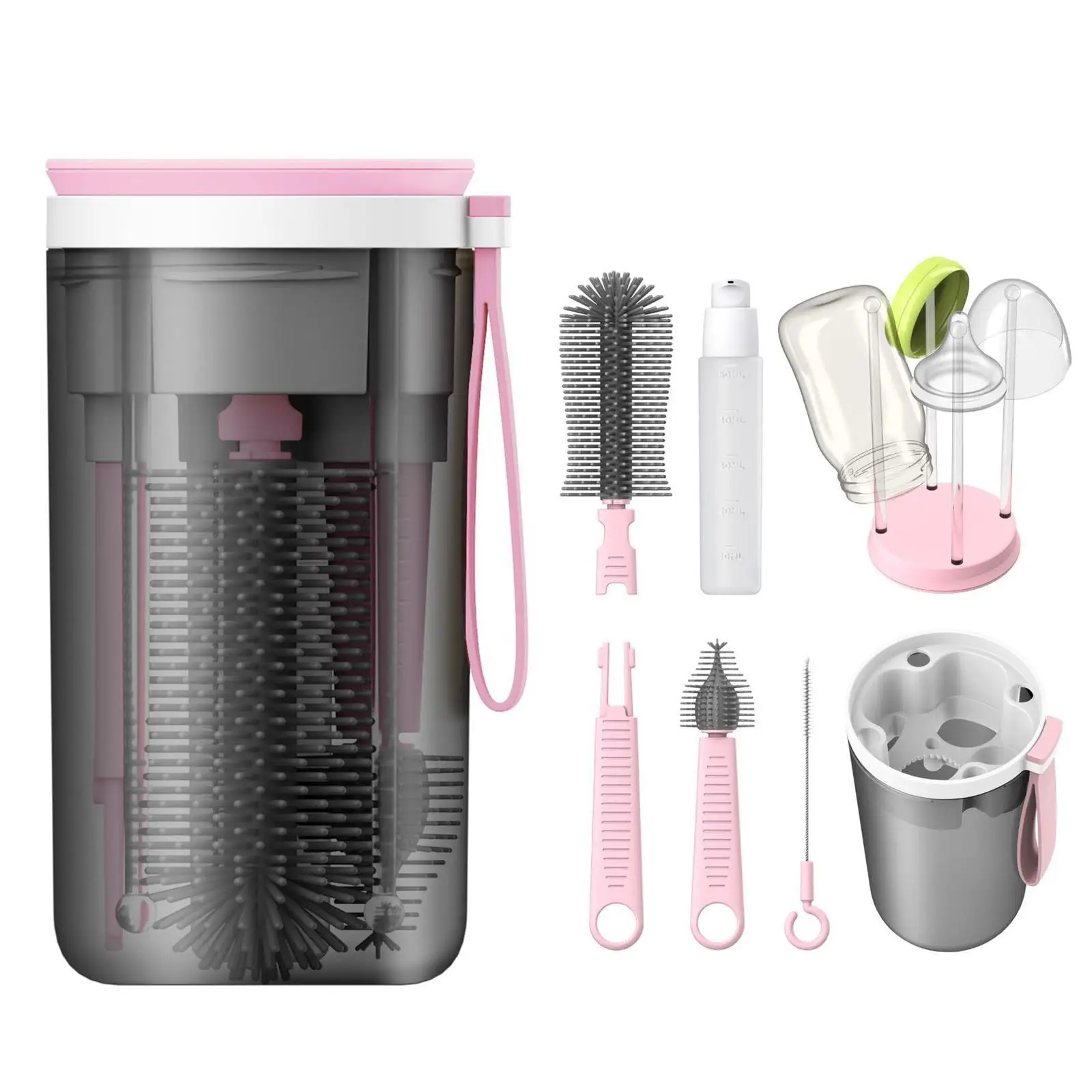 

6 in 1 Baby Bottle Brush Set Food Silicone Bottle Brush With Drying Rack Handheld Retractable Soft Head Travel Bottle Cleaner