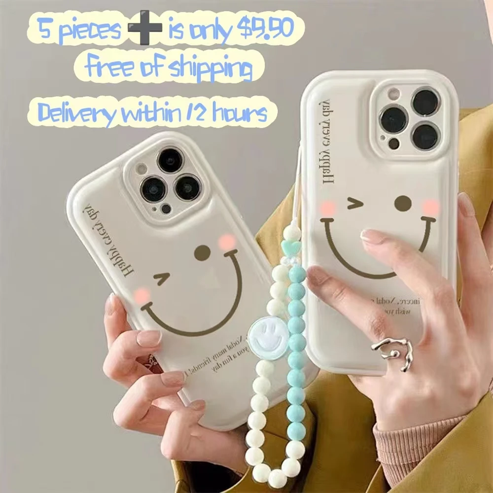 Korean Cute Heart Smile Soft Phone Case With Wrist Strap For iPhone 14 13 12 11 Pro Max X XS XR 7 8 Plus Simple Cover