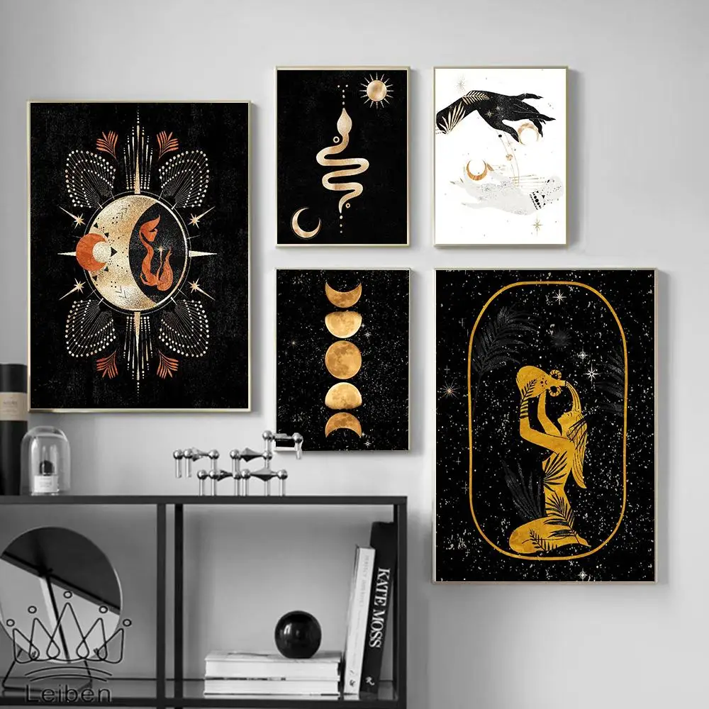 

Witches Magic Black Golden Posters and Prints Nordic Mid Century Moon Phases Mermaid Canvas Painting Home Decor Girls Bedroom