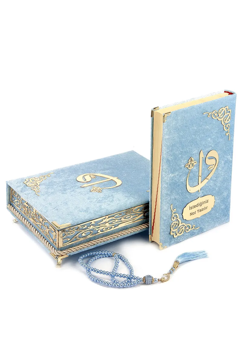 IQRAH Sponge Velvet Lined Sandıklı Personalized Gift Holy Quran Seti Mavi