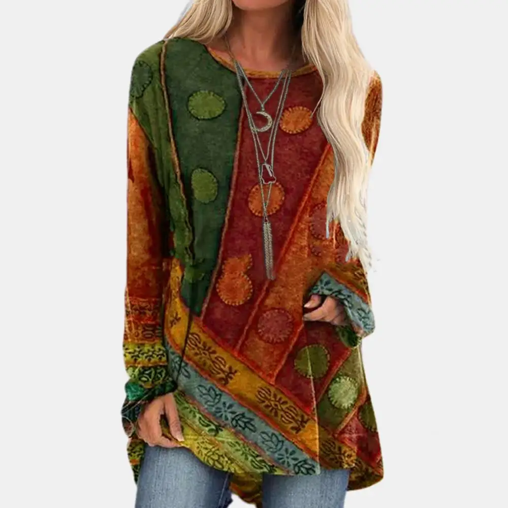 

Long Sleeve Patchwork Blouse Women Top T-shirt Blouse Top Loose Retro Autumn Ethnic Print T-shirt Top