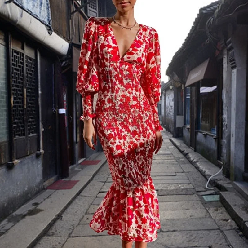 

Autumn Women Red Printed Draped Long Dress Sexy V-Neck Lantern Long Sleeve High Waist Slim Mermaid Vestidos Female Elegant 2022