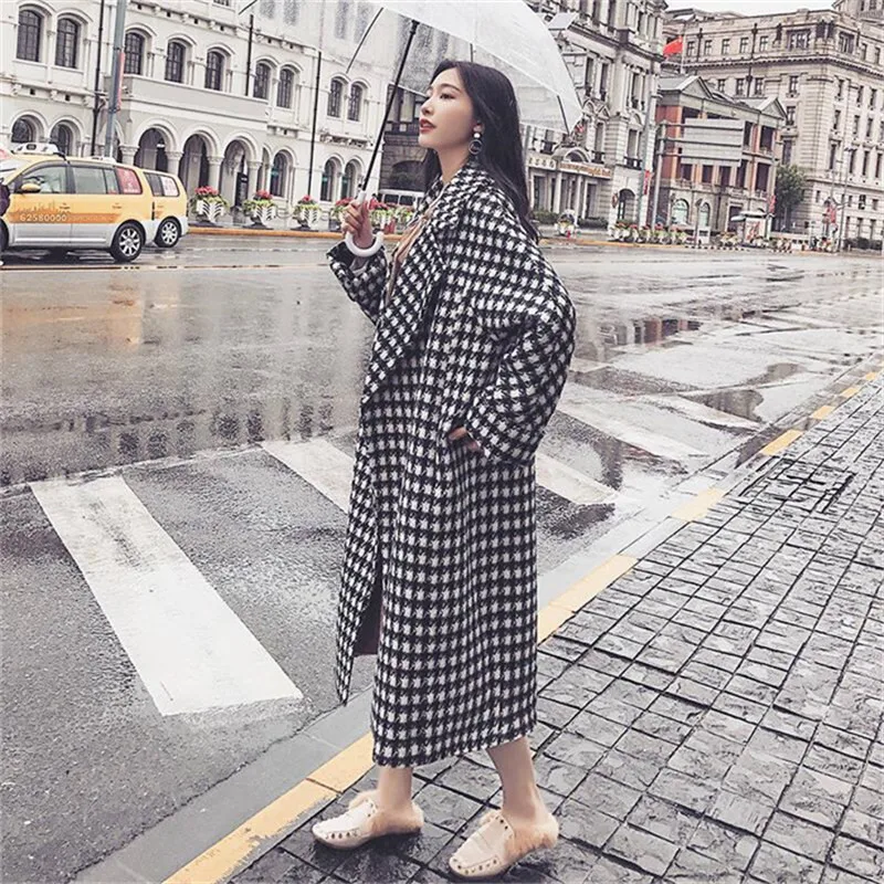 

Winter Coat Long Wool Jacket Women Fashion Notched Collar Houndstooth Pattern Woolen Jacket Streetwear Winter Overcoat