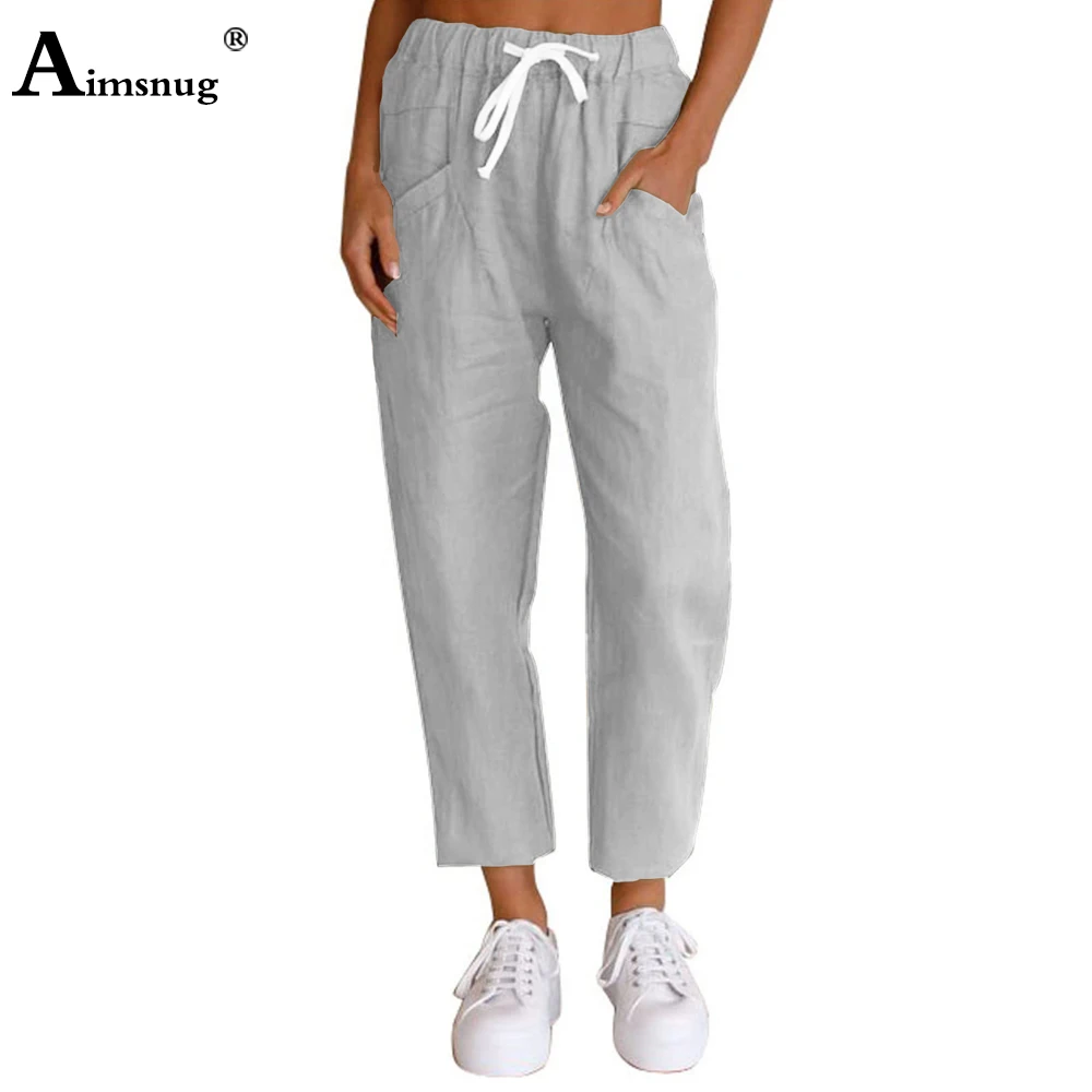 

Aimsnug 2022 Summer Linen Pants Women's Pocket Design Harem Trousers Latest Casual Straight Pantalon Female Ankle-Length Pants