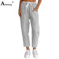 aimsnug 2022 summer linen pants womens pocket design harem trousers latest casual straight pantalon female ankle length pants