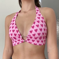 summer new womens sexy love metal button printing lace up fashion bra bikini