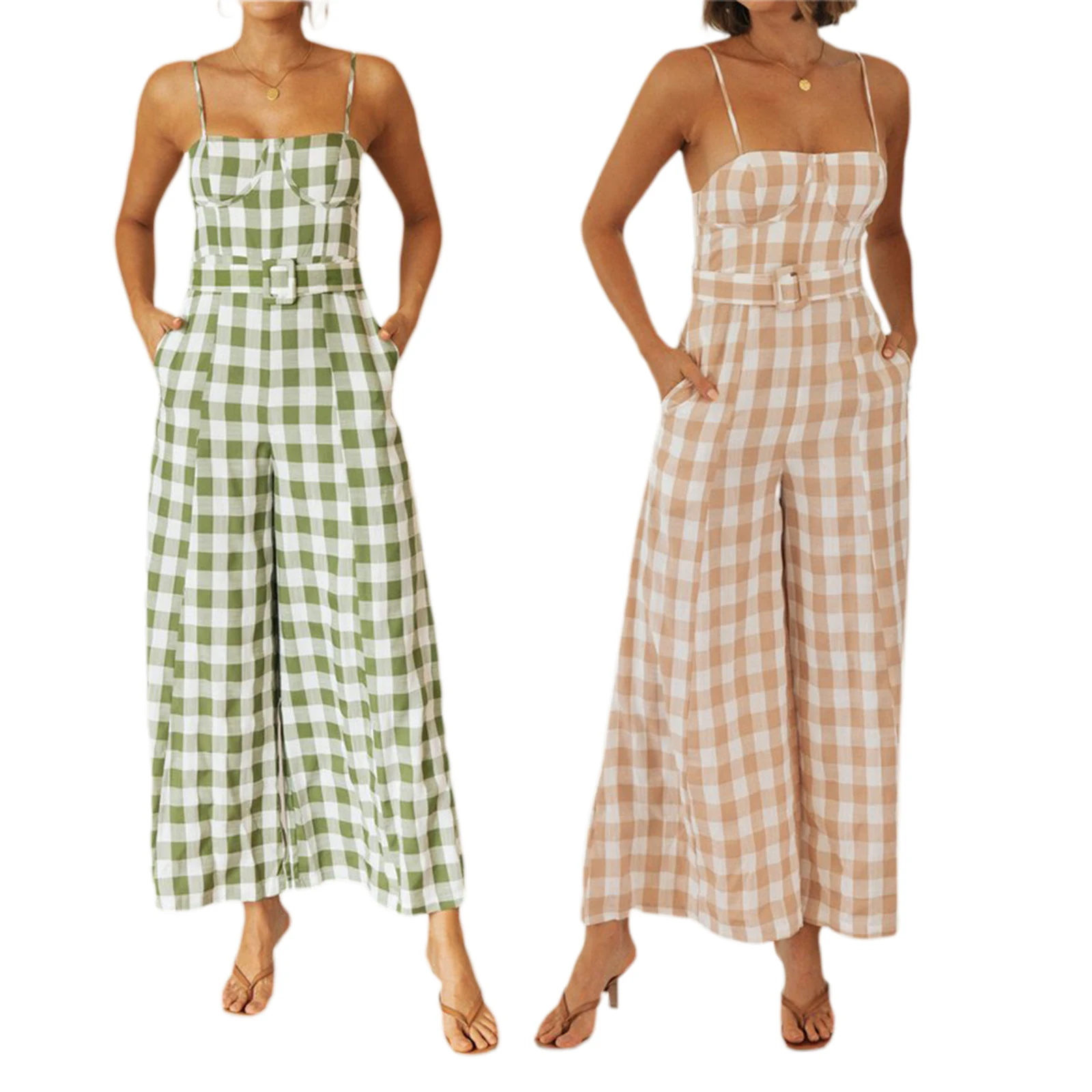 

2022 Summer Women Bohemian Plaid Long Jumpsuits Wide Leg Pants Sleeveless Casual Loose Playsuits Overalls with Pockets Belt New