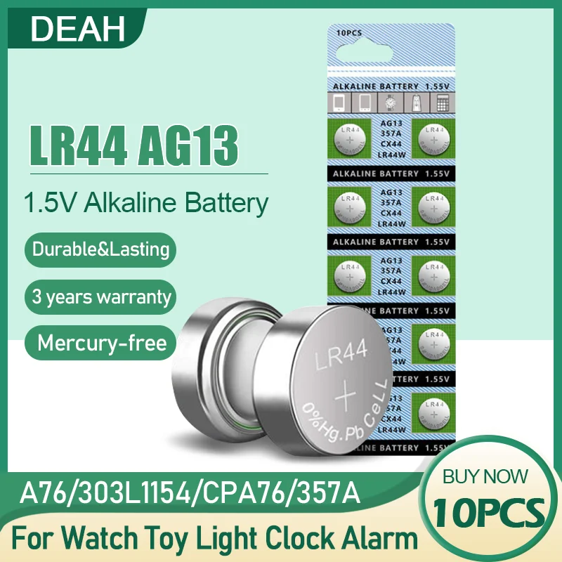 10 шт., щелочные батареи AG13 LR44 LR 44 A76 1,5 357A LR1154 SR1154 SR44 GP76