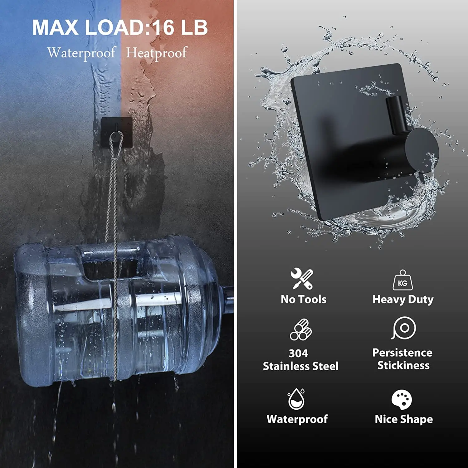 

Black Stainless Steel Adhesive Heavy Duty Waterproof Wall Sticky Hooks Without Nails for Robe Loofah Coat Hat Utensils 4.5cm