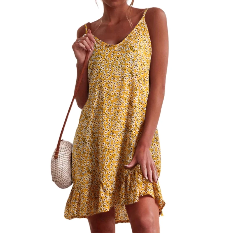 

Женское свободное мини-платье с цветочным принтом, V-образным вырезом