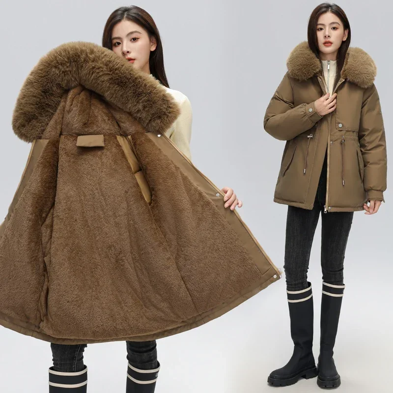 

Новинка 2023, зимняя куртка с шерстяной подкладкой, женская теплая утепленная парка, пальто, Корейская женская Свободная хлопковая куртка с меховым воротником, женская зимняя куртка
