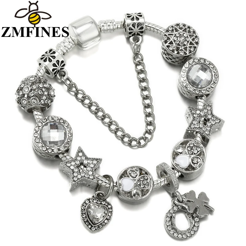 

Vintage Silver Crystal Lucky Grass Star Beads Pendant DIY Snake Chain Charm Bracelet For Women Lover Party High Quality Jewelry