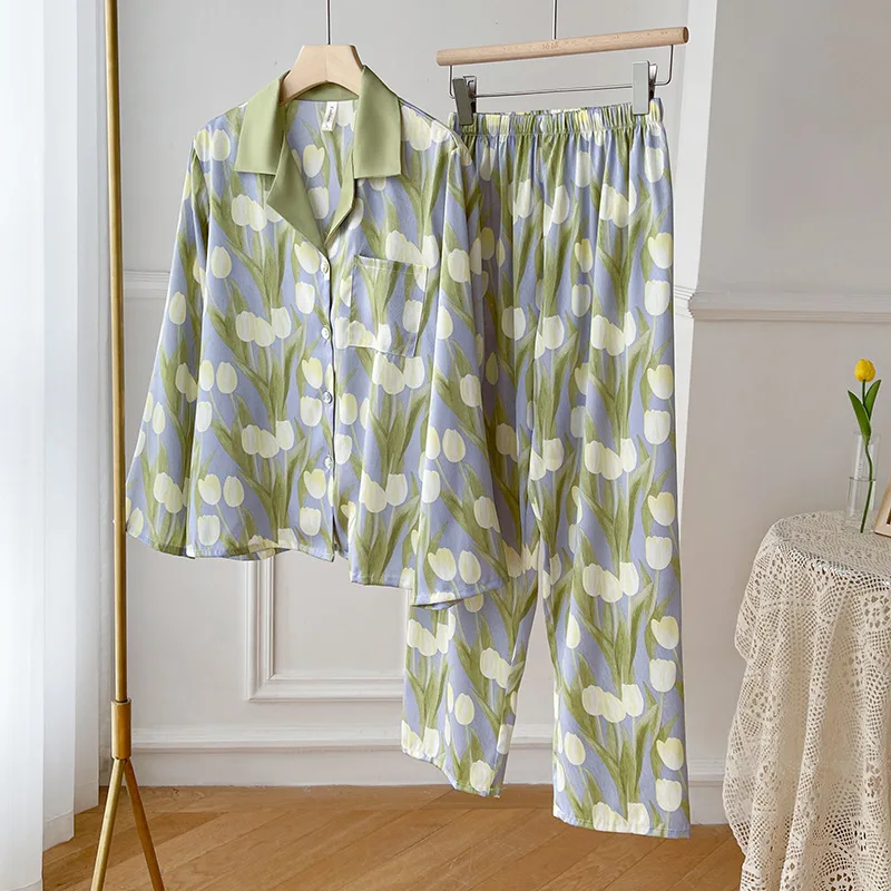 

Silk Pajamas Women's Long Sleeve Trousers Two Piece Ice Silk Pajamas Fashion Silk Ladies Loose Casual Luxury Ladies Homewear