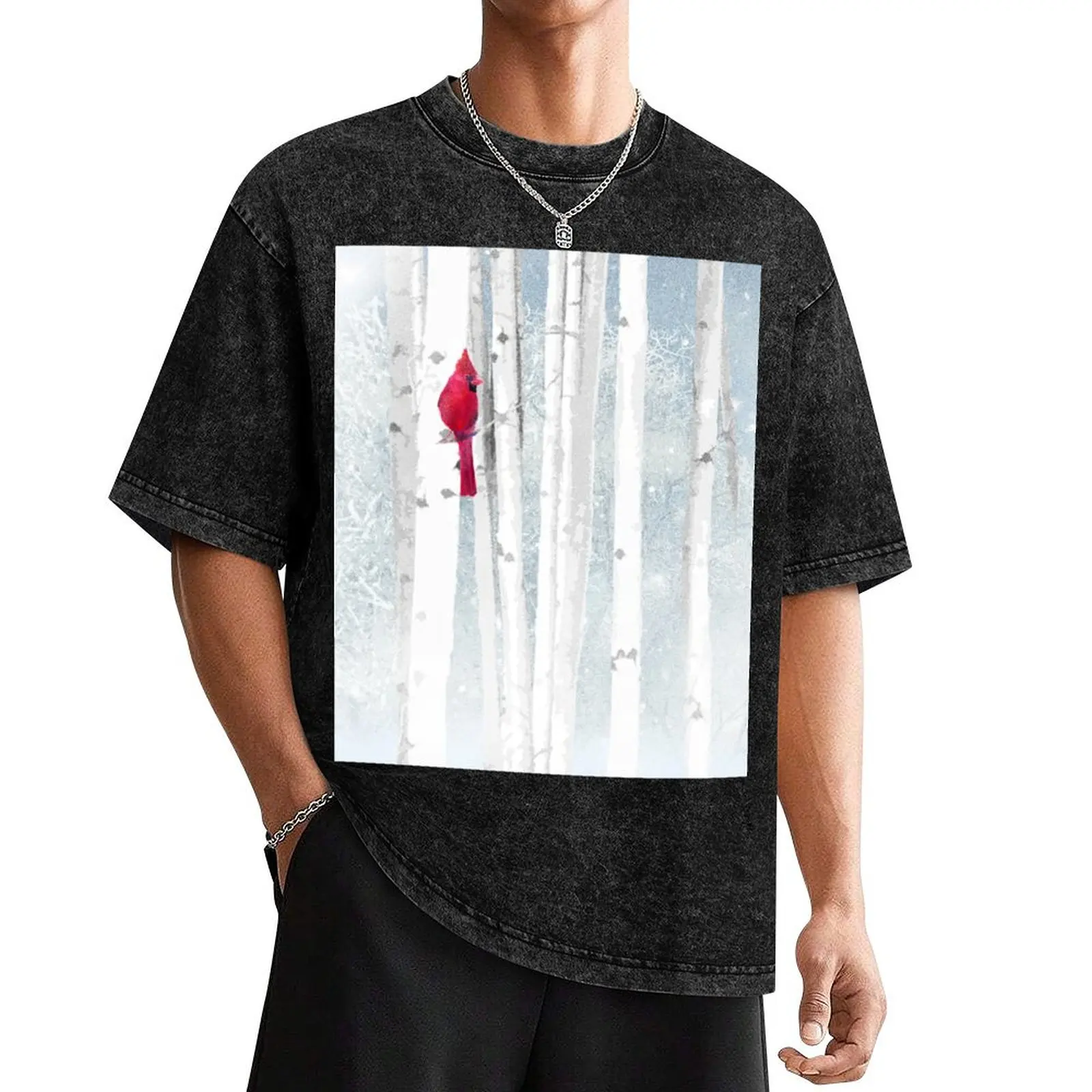 Акварельная красная кардинальная птица зимняя футболка с березовым лесом блузка