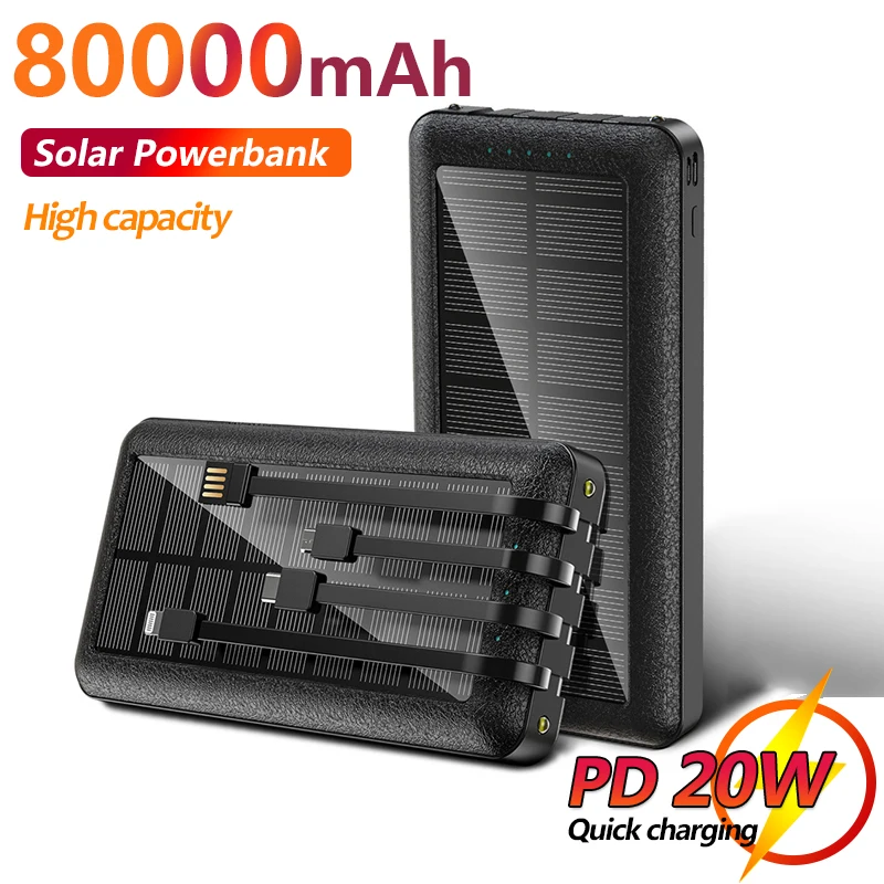 

80000mAh Solar Power Bank Fast Charger External Battery with Charger Cable Portable Charger Poverbank for Xiaomi Samsung IPhone