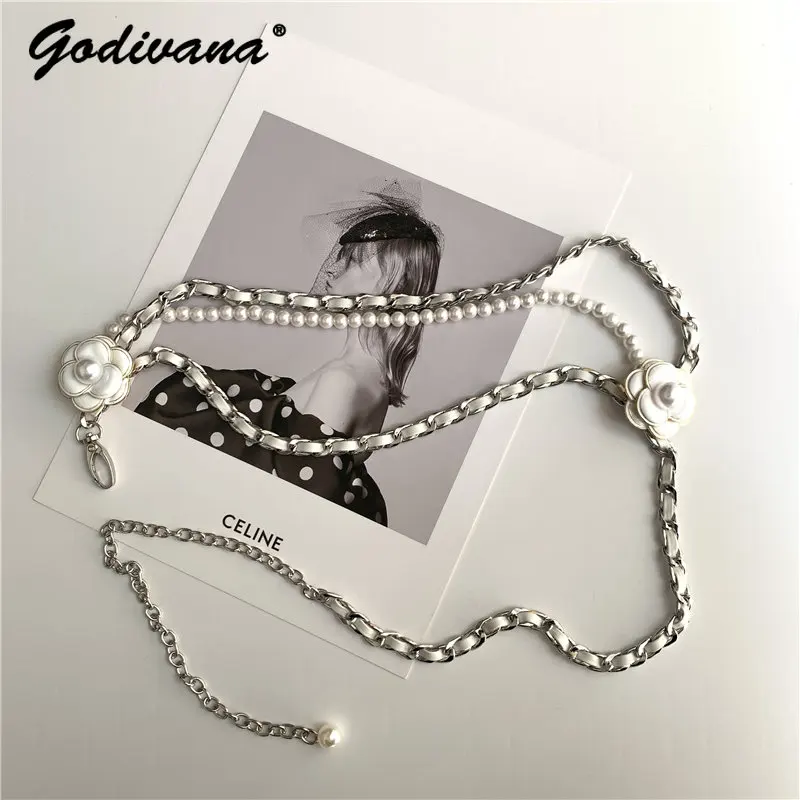 Classic Style Vintage Waistband Accessories Suit Belt Women's Pearl Chain Camellia Decoration Waist Decorations Ins Fashion Belt