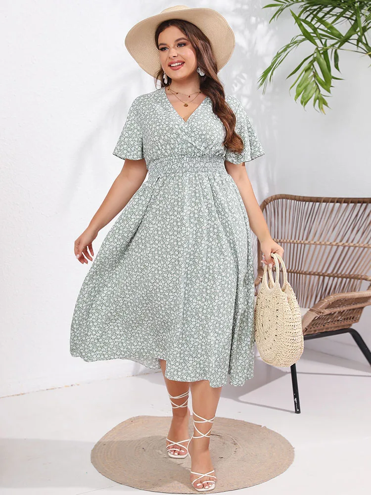 Plus Size Summer Dresses for Women 2023 Ladies Elegant Short Sleeve V Neck Blue Floral Midi Dress Casual Party Dresses Clothing