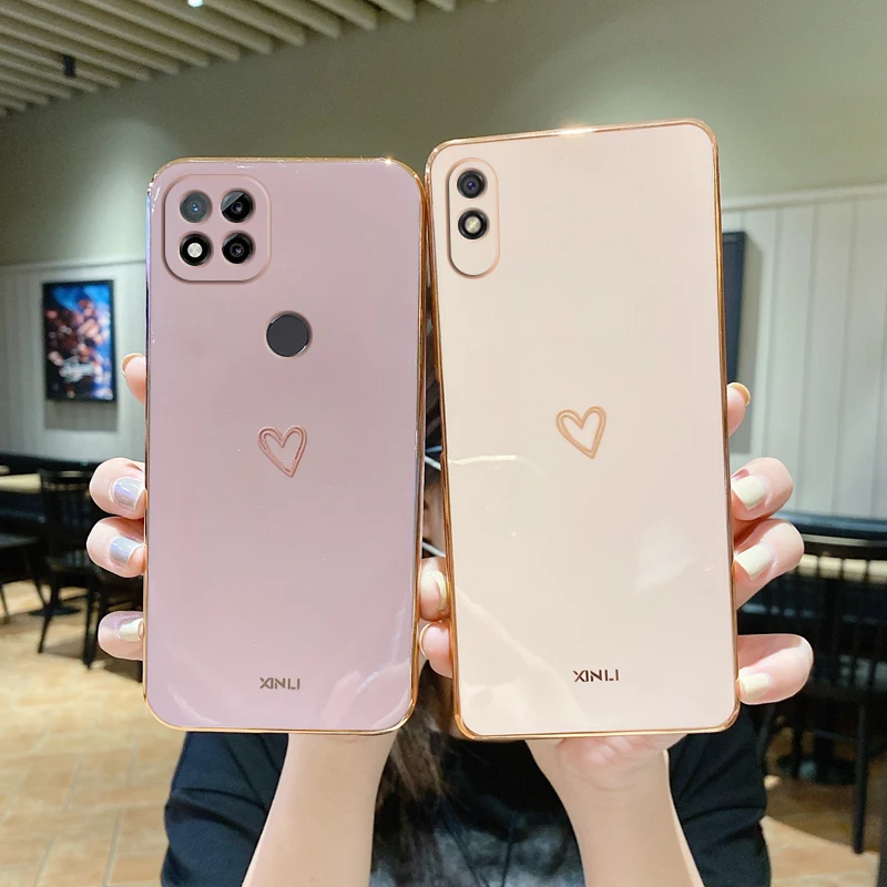 

Square Plating Love Heart Phone Case On For Xiaomi Redmi 9C Nfc 9A Redmi9C 9Cnfc Redmi9A Luxury Gold Silicone Coque Back Cover