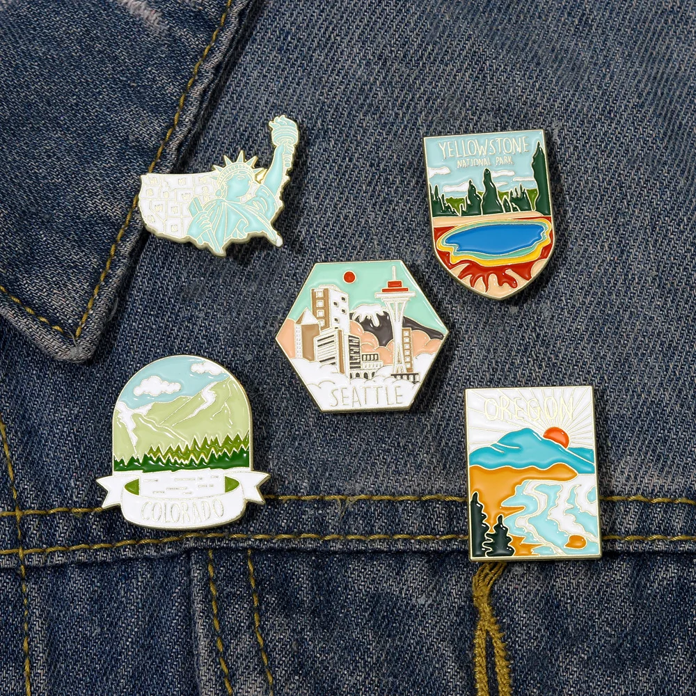 

Sunset River Lake Tower Pins Landscape Pins Accessories Clothing Backpack Alloy Brooch Enamel Lapel Pins Badge Wholesale