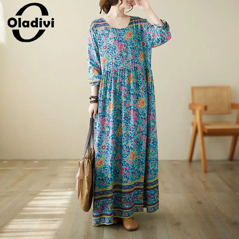 

Oladivi Большой размер с длинным рукавом, платье большого размера для женщин, весна-осень 2023, Новые повседневные свободные длинные платья в стиле бохо, длинная туника, халат 5031