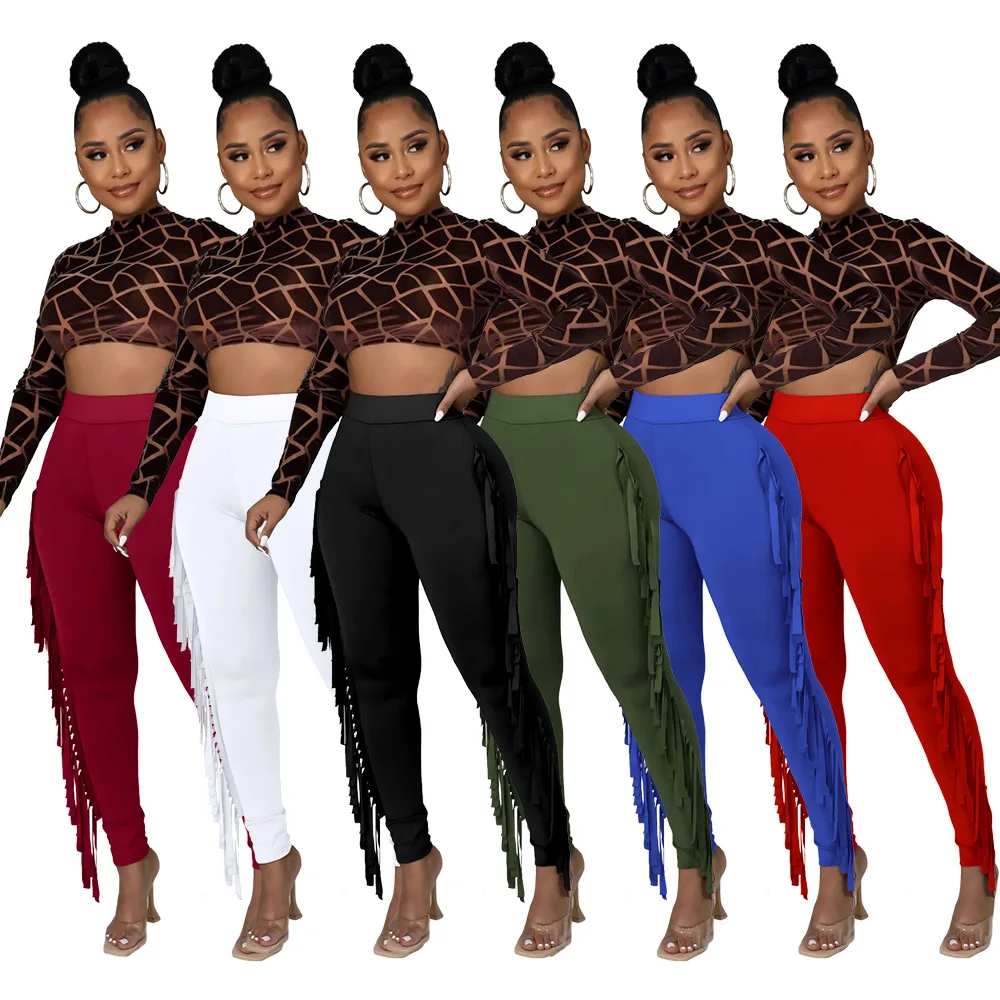 

2022 Spring And Autumn Women's Quicksall Tight High Waist Tassel Bandage Pants