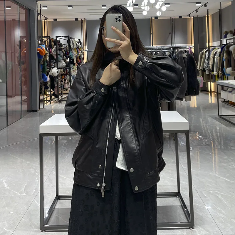 Женская кожаная куртка JANEFUR мотоциклетная из натуральной кожи с отложным