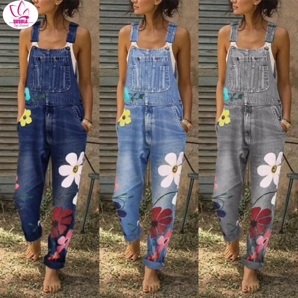 

S-5XL Overalls for Women Fashion Floral Print Pockets Washable Denim Overall Jumpsuit Suspender Trousers Pants Casual Overall