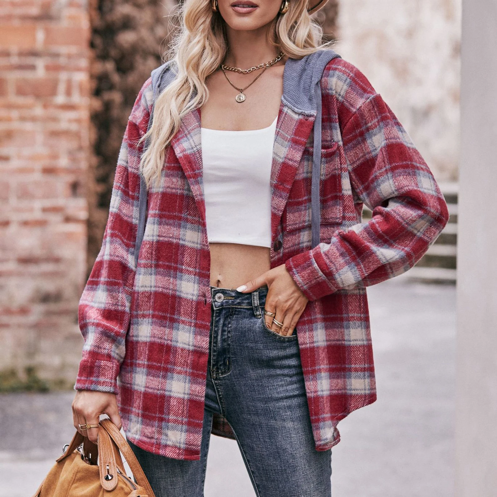 

Plaid Hooded Shirts Woman Baggy Check Tee Shirt Plaid Shirt Lapel Collar Long Sleeve Loose Fit Vintage Style Daily Outfit