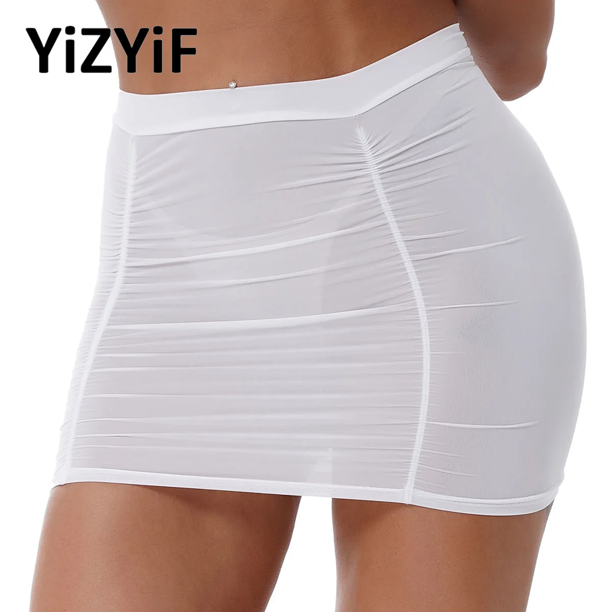 

Women Sexy Sheer Micro Mini Skirts Mid Waist Stretchy Shirring Miniskirt See-through Nightclub Underskirt Pencil Skirt Clubwear