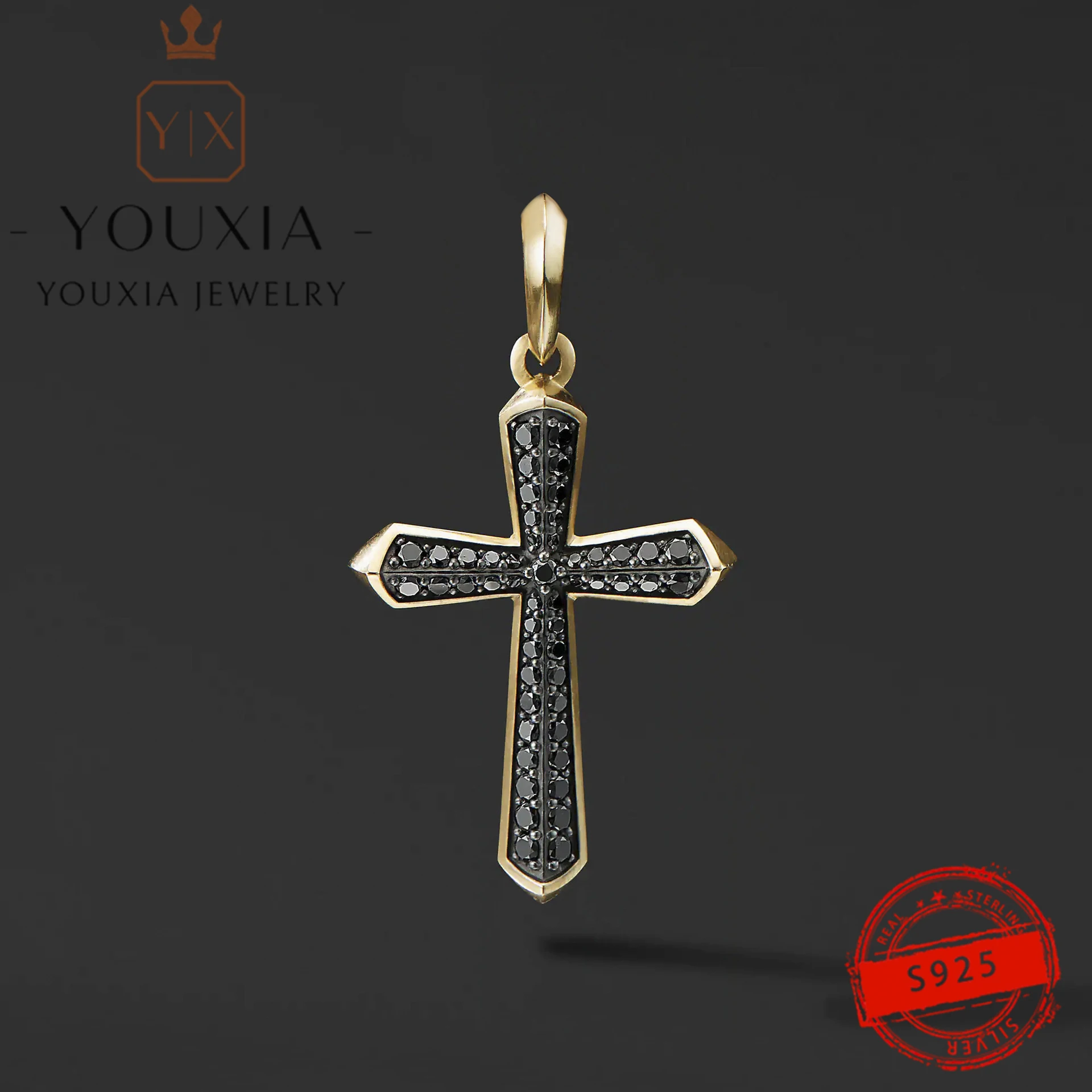 

Own Brand DIY 925 Sterling Silver Black Cross Pendant Simple Personality Versatile Pendant Niche Party Banquet Gifts Jewelry
